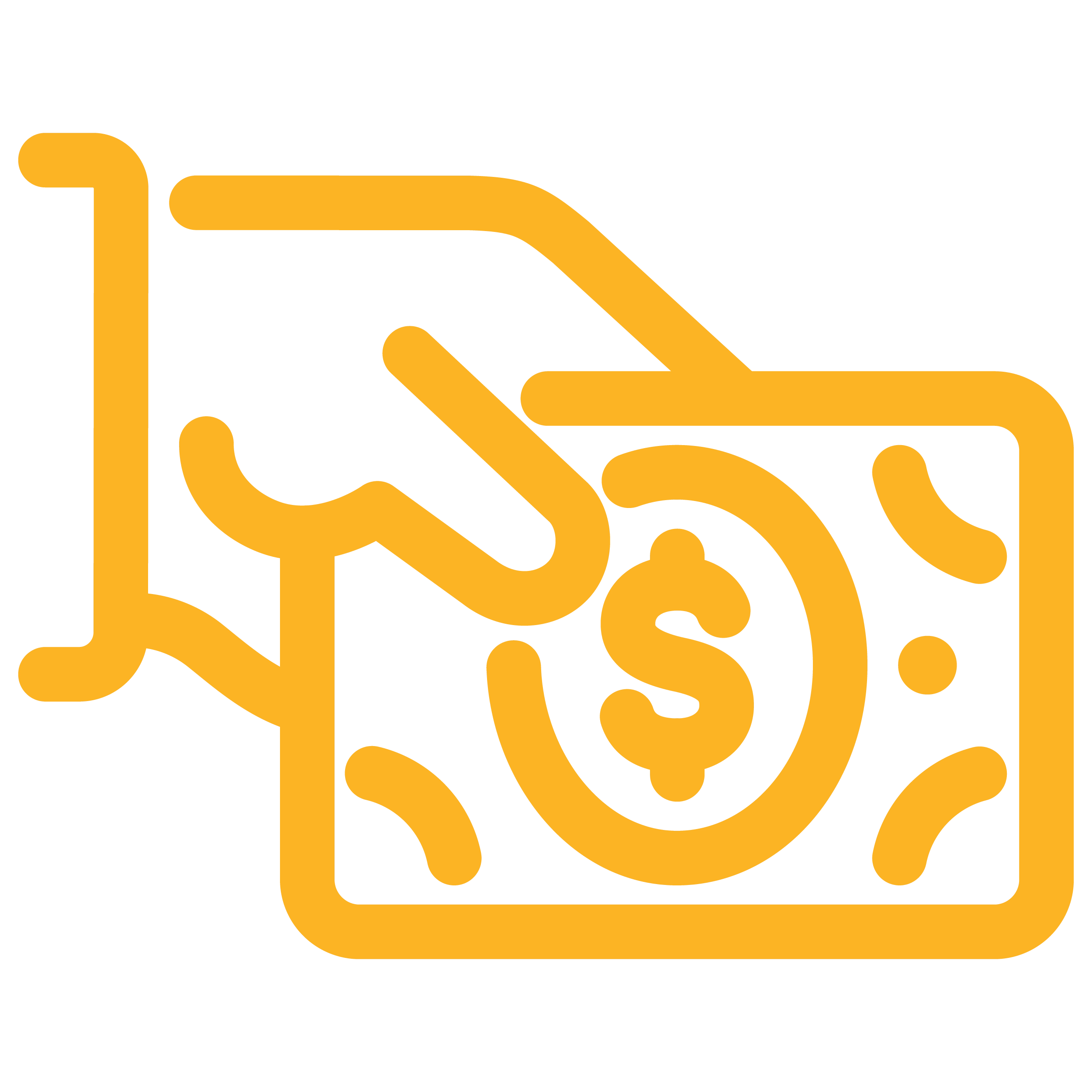 Yellow line art icon of a person's hand holding money.