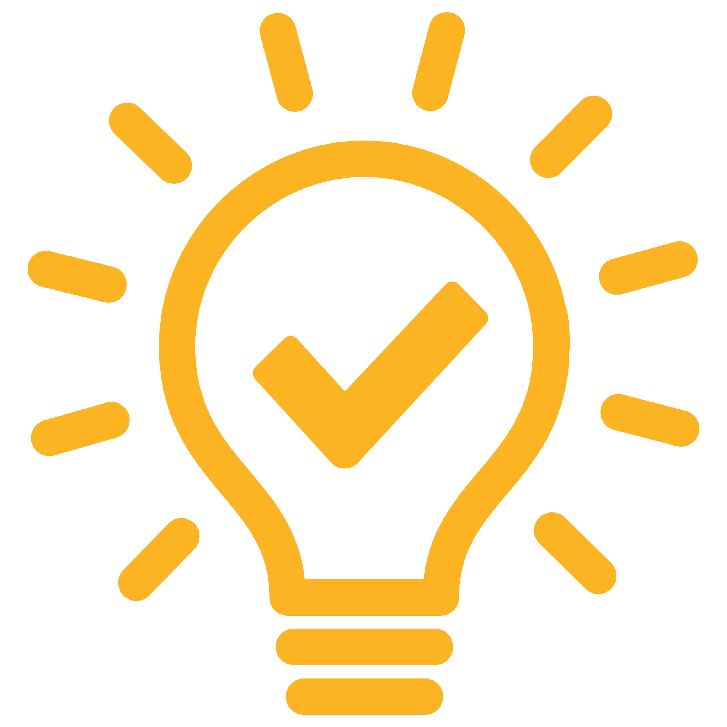Yellow light bulb line art icon with a checkmark inside.